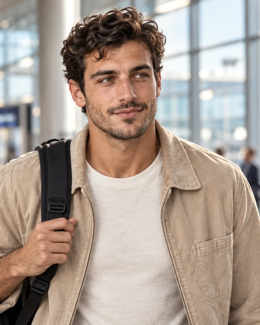 Kai walking through an airport with a backpack