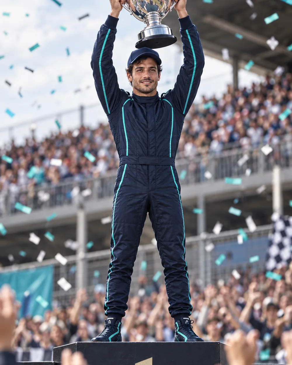 Kai lifting a trophy on the podium