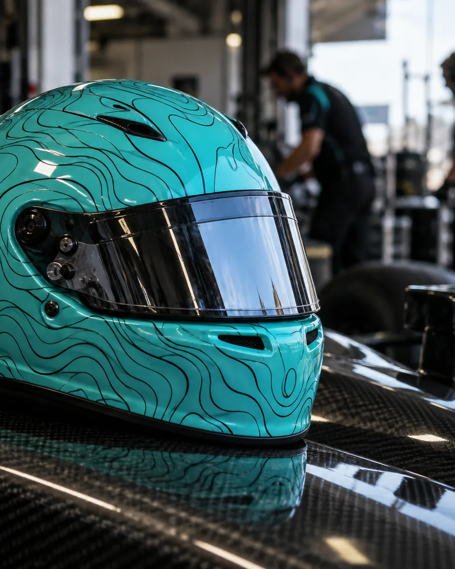 Kai's helmet resting on the car in the pit box