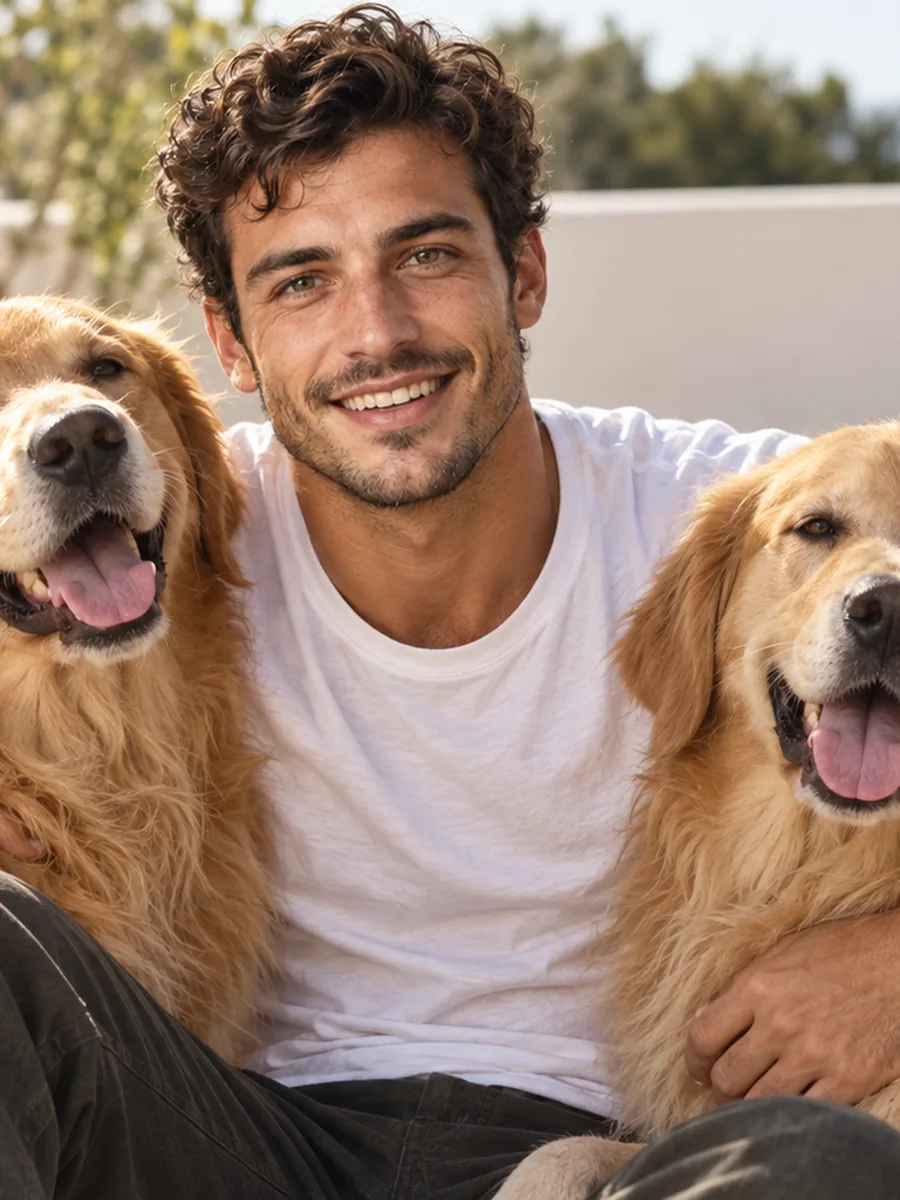 Kai laughing with two dogs