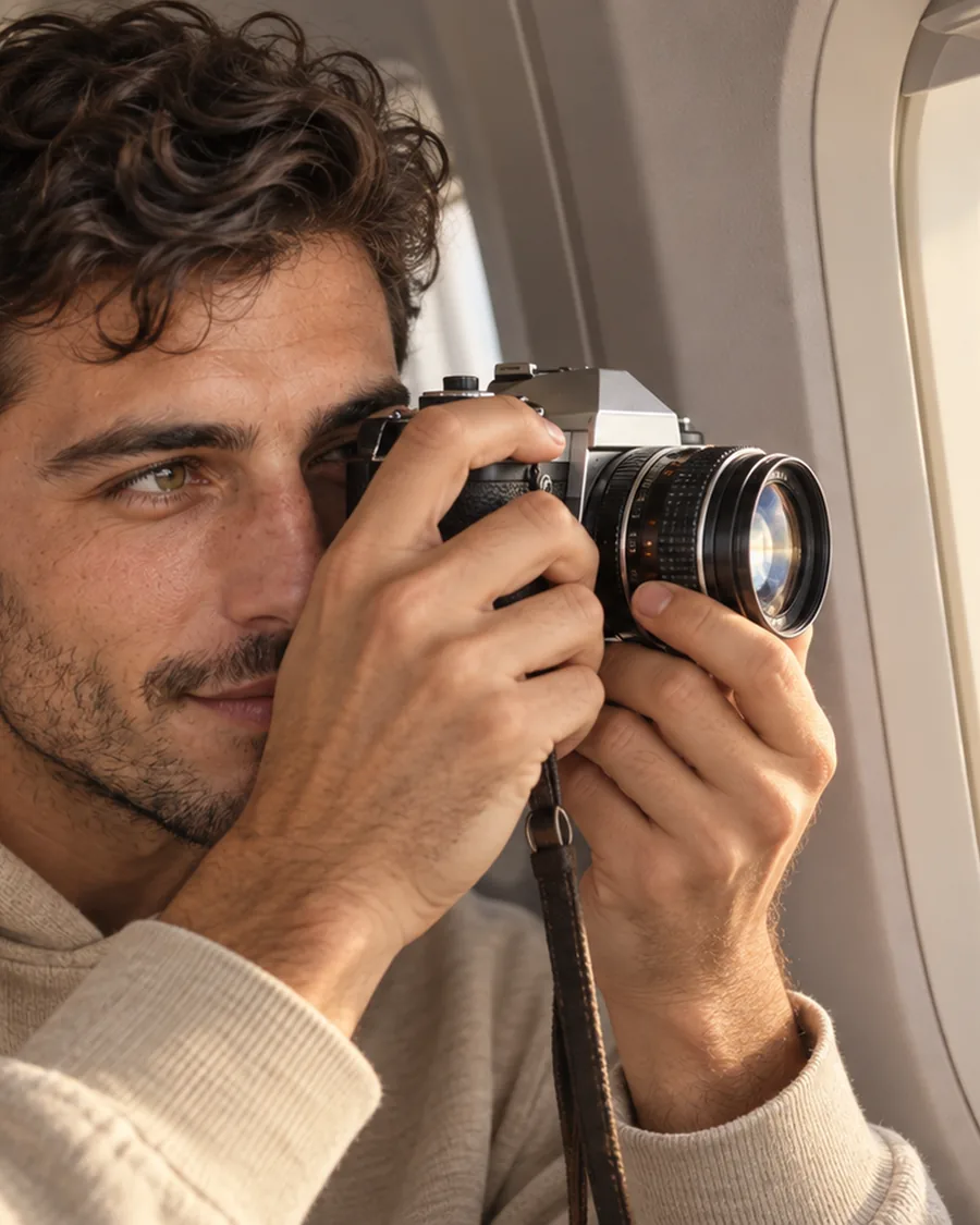 Kai photographing clouds from an airplane window