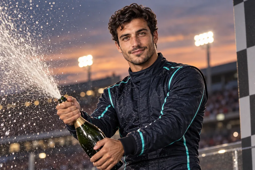 Kai spraying champagne on the podium