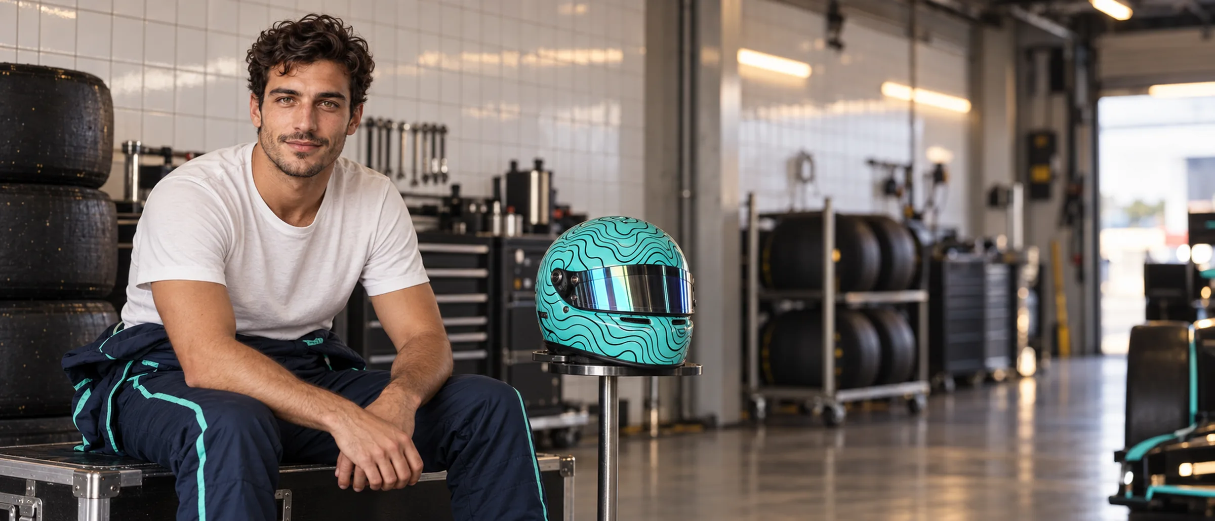 Kai sitting next to his helmet in the garage