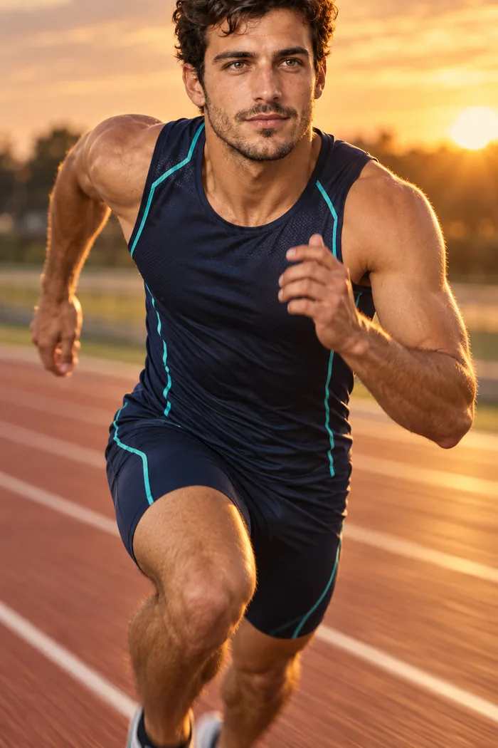 Kai sprinting on a track at sunset